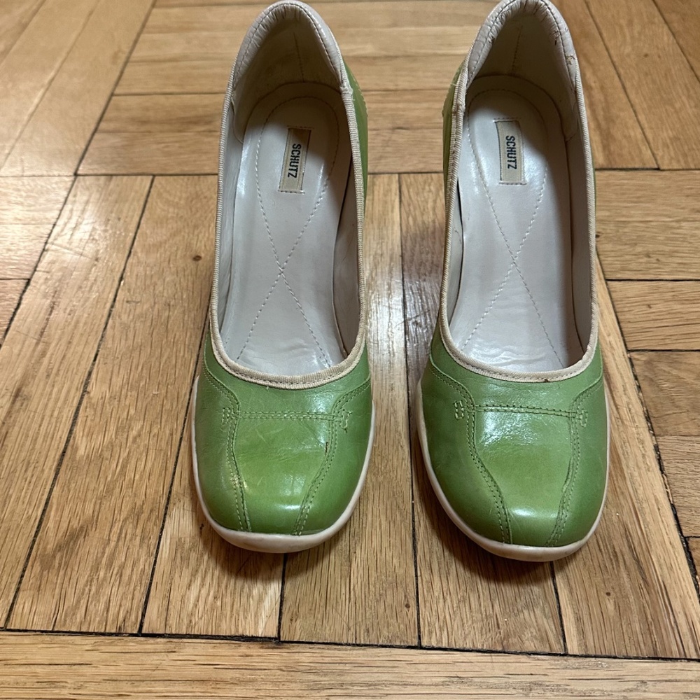 green and white heels